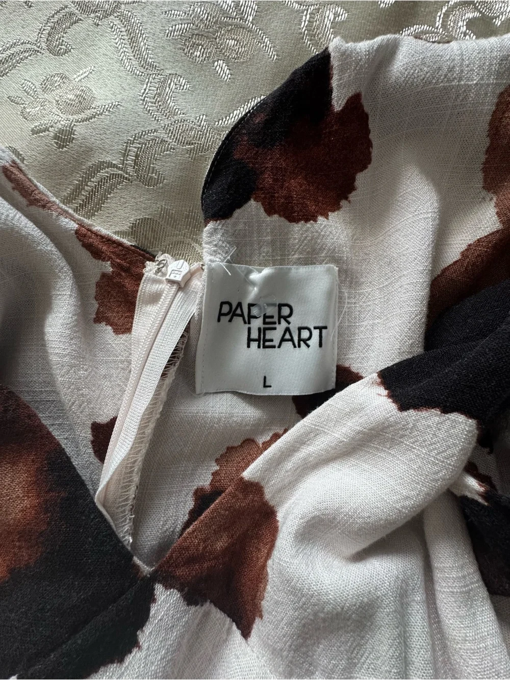 Paper Heart Linen Blend Midi Dress Size L Ivory Brown Abstract Print - Picture 4 of 8